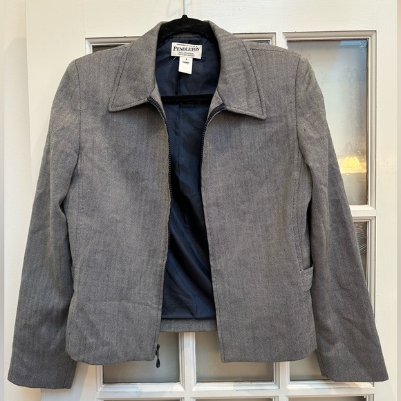 Pendleton Jackets & Blazers - Vintage Pendleton 100% Wool Zip Up Charcoal Gray Tweed Herringbone Jacket Size 6